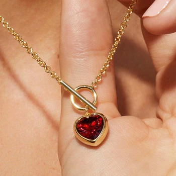 MICCI Wholesale Custom PVD 18K Gold Plated Stainless Steel Jewelry Red Diamond Garnet Stone Heart Pendant Necklace