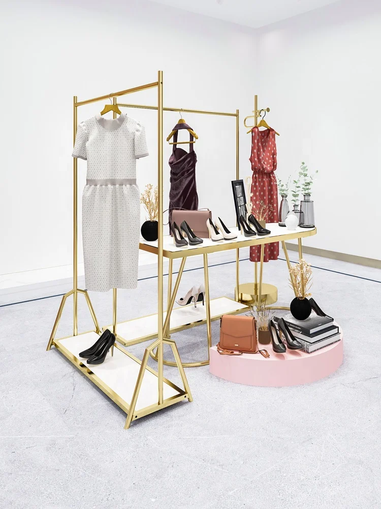 Appendiabiti da Soffitto Ad Altezza Regolabile, Asta Dell'indumento Commerciale Resistente Abbigliamento al Dettaglio Store Display Rack con Scaffale (Colore : Gold, Taglia : 3PCS