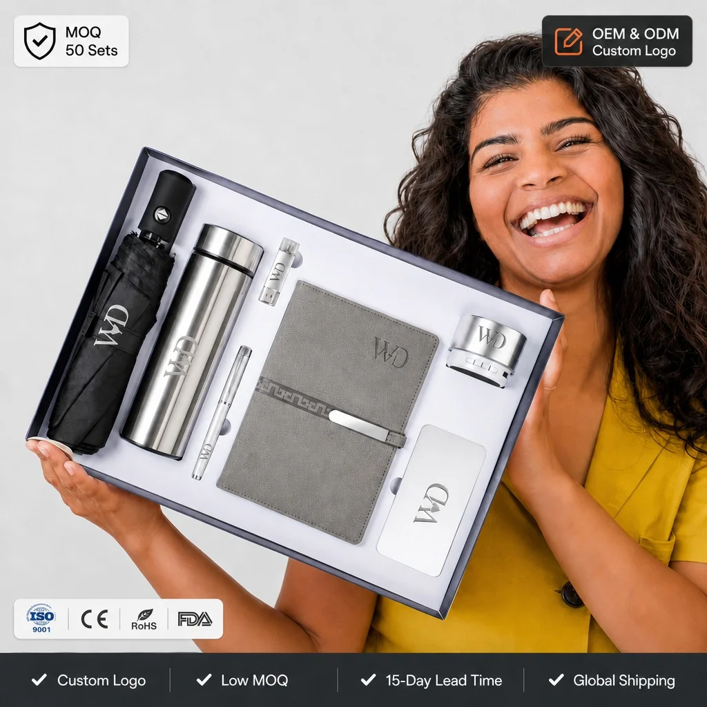 7-in-1 Business Gift Set Stainless Steel Flask Power Bank Umbrella Corporate Custom Logo Annual Meeting Executive Gifts