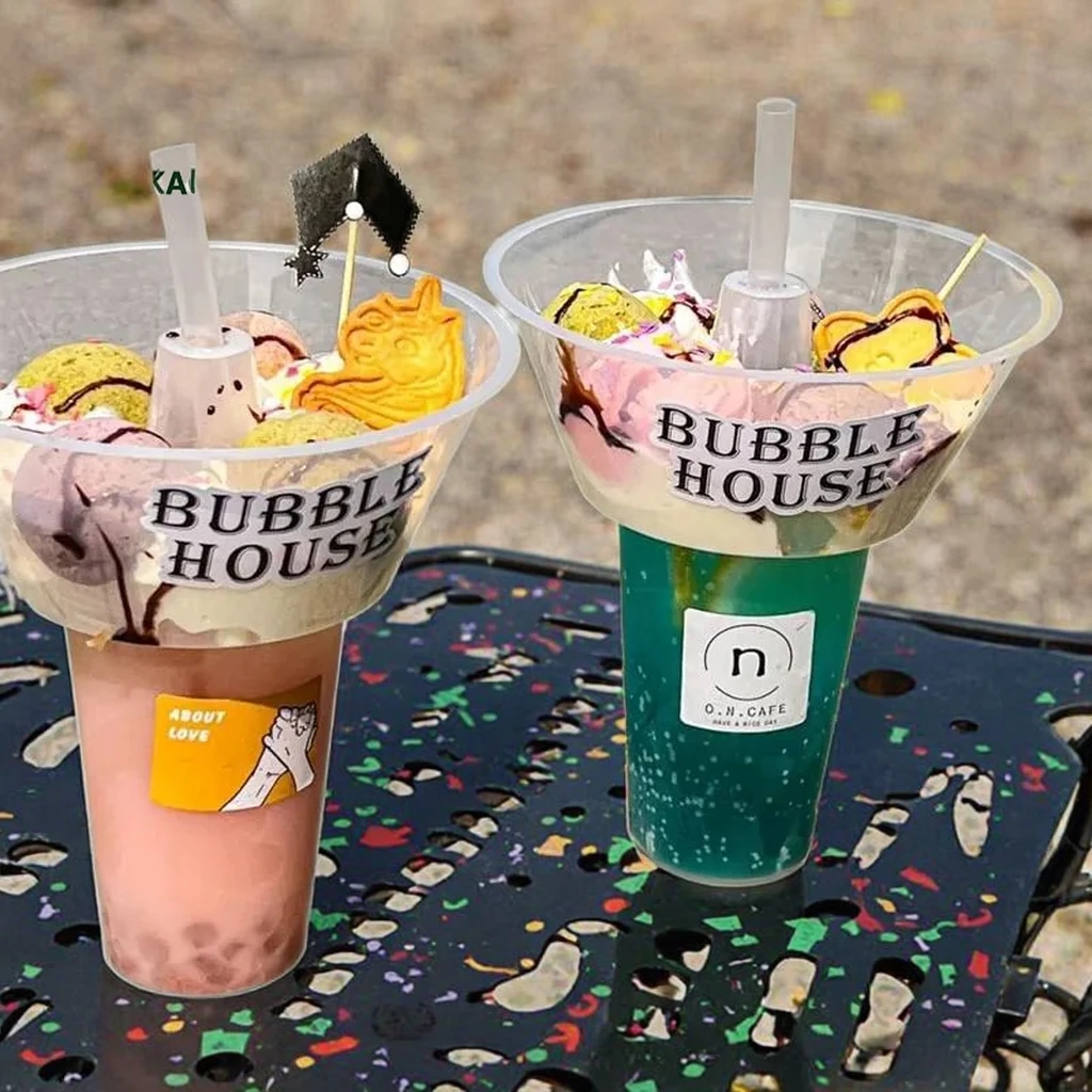 Disposable 2-in-1 Snack Drink Bubble Cup Black Plastic Bowl Top 90mm  Diameter Takeaway Hotpot 12oz Black PP Mineral Water