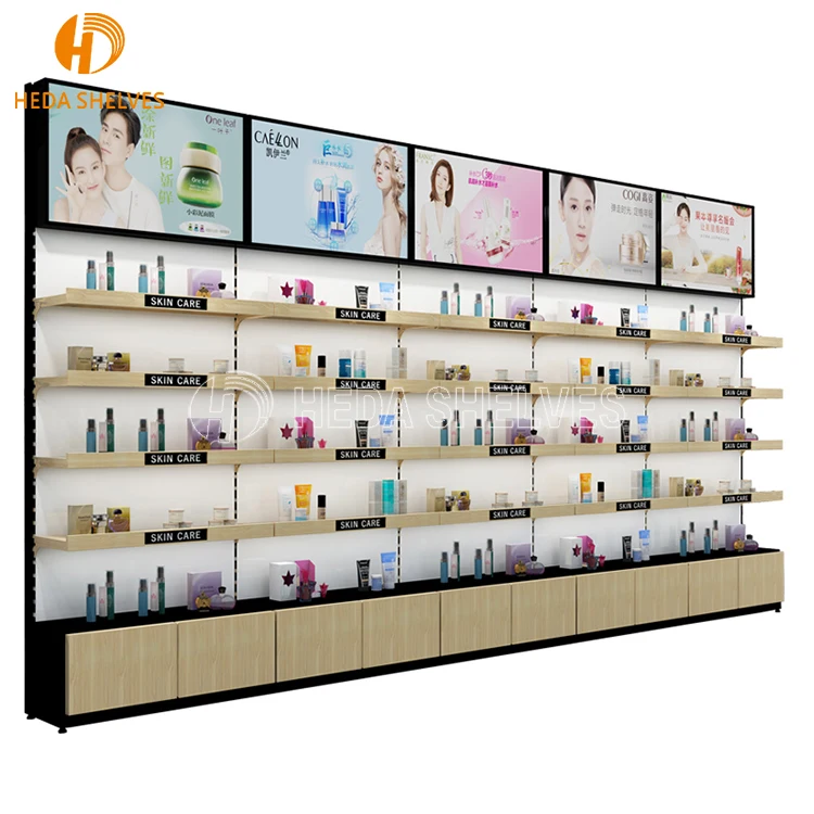 Custom Wooden Wall Cosmetic Shelves Display Cabinet And Makeup Display ...