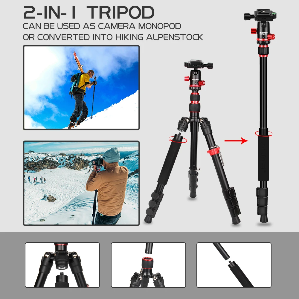 ZOMEI M5 Professional Aluminium Tripod Multifunction Horizontal Center Column Camera Tripod with Tripod Ball Head for DSLR