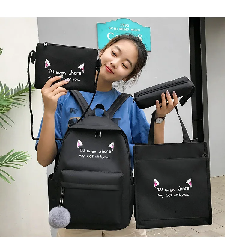 Stylish Cat Print Backpack Set for Women - Waterproof School Bag with ...