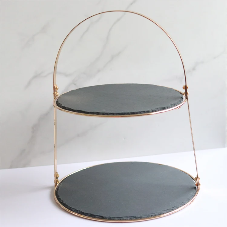 Golden Frame Dessert Display Platter Slate Cheese Board 2 Tiers Wedding Cake Stand
