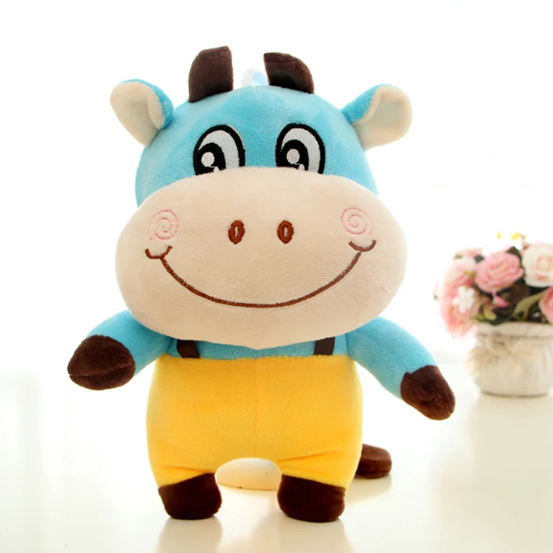 Factory Custom Soft Big Laughing Bull Stuffed Calf Toy Red and Blue Plush Cow Toy