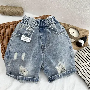 Children's shorts boys' ripped denim shorts new summer thin beggars medium pants and wear a trendy out