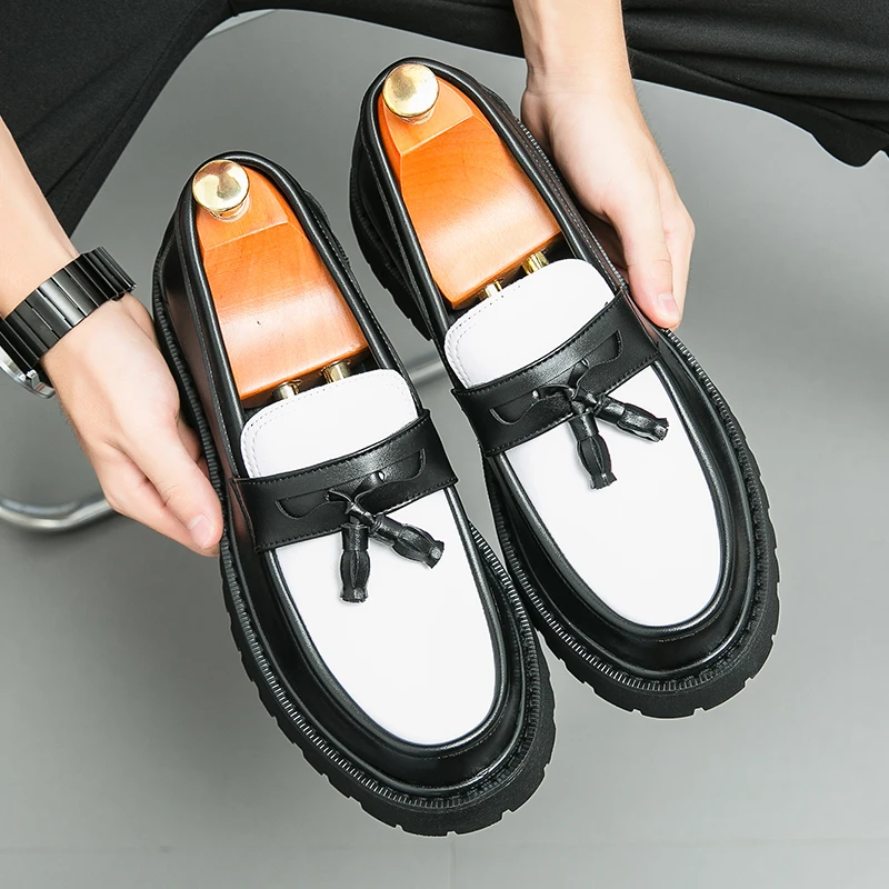 Thick Sole Classy Black+white Men's Wedding Loafers
