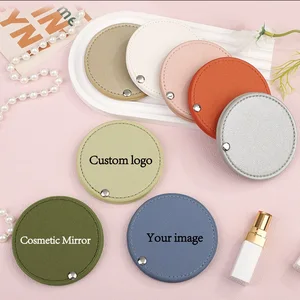 Custom Logo Print Low MOQ Solid Color Round PU Leather Cute Pocket Small Cosmetic Mirror Mini Travel Compact Promotion Gift
