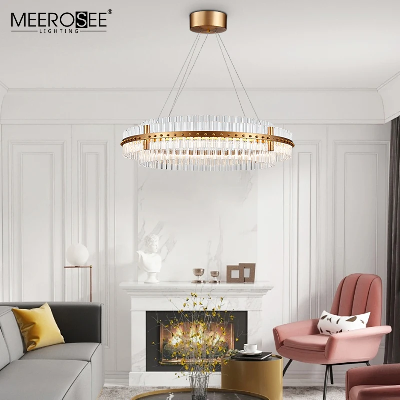 MEEROSEE Crystal Round Pendant Light Iron Frame Glass Light LED Circle Suspension Light MD86701