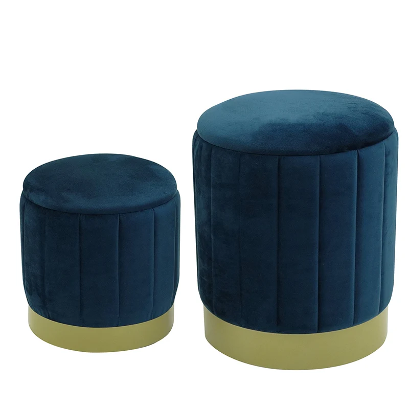 Stylish Round Velvet Storage Stool for Foot Rest With Gold Base for Livingroom
