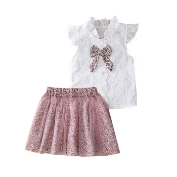 Kids Summer Lace Shirt Tulle Skirt Clothing Sets Children Boutique Short Sets Girl Casual Dress