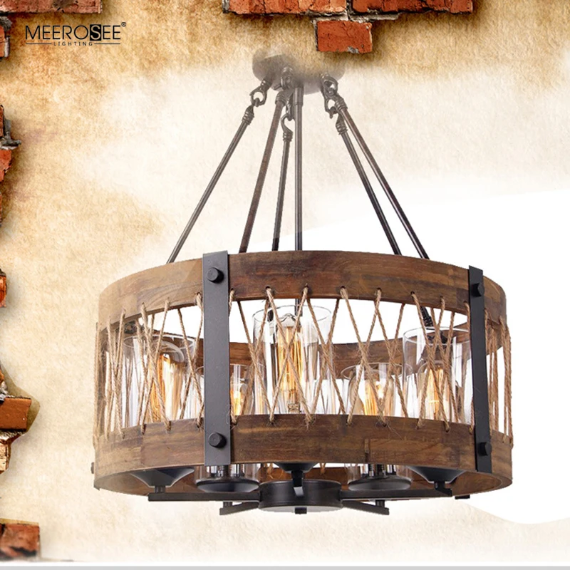 Meerosee Farmhouse Pendant Light Antique Wood Finish Rural Industrial Style Hanging lamp with Adjustable Chain MD86786