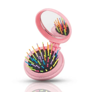 Colorful  Makeup Comb Hair Brush Pro Styling Tool Portable Mini Folding Comb Airbag Massage Round Travel Hair Brush with Mirror