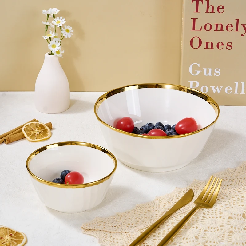 Sérsniðin merki porcelænshjónabands- og rísibollar með reljéfmynduðum punktamynstri, gullhringlaga, öruggt í diskvél og ofni