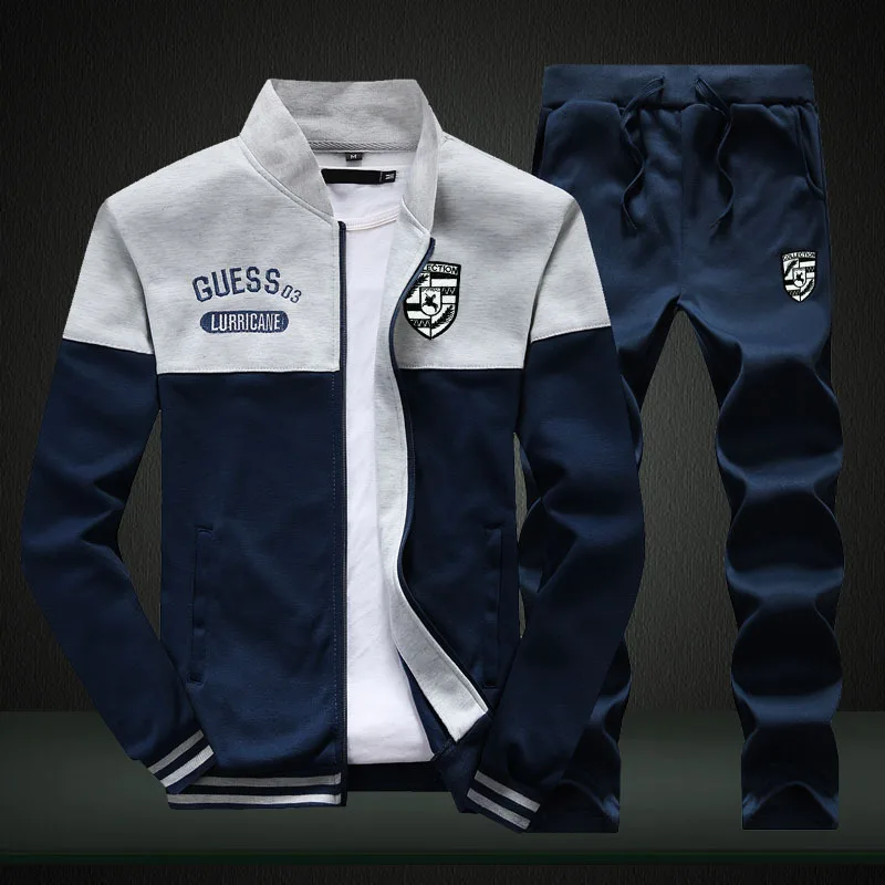 Spring Autumn Sportswear Track Suit Gyms Male Two Piece Pants Set Casual Men Sweatshirt Fleece Tracksuits