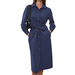 Wholesale Full Sleeve Waistband Front Button Elegant Women Casual Work Shirt Dresses