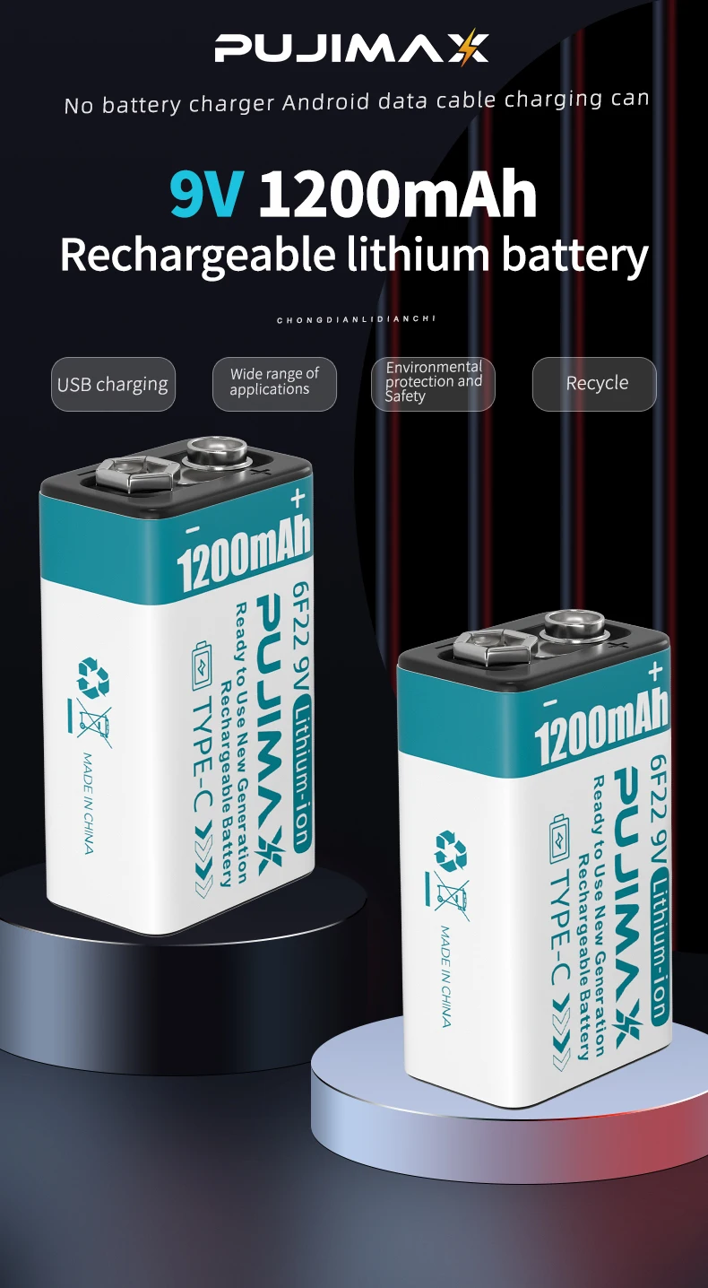 Pujimax 1pcs Type C 9v Lithium Ion Battery 1200mah 6f22 9v Rechargeable ...