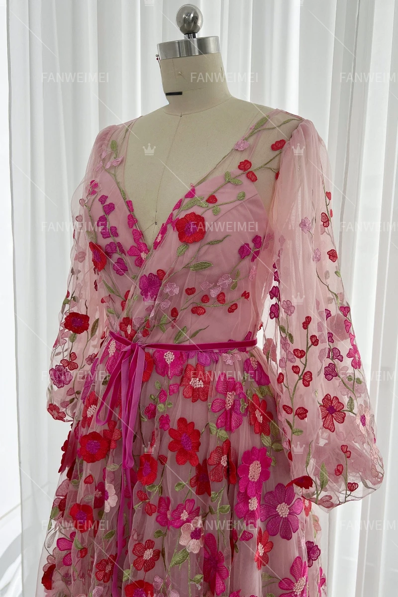 High Quality A-line Red Embroidered Flower V-neck Women's Evening Party Dress With Long Sleeves Tea-length Wedding Gown