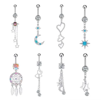 10Pcs/Set 316L Surgical Steel Belly Button Ring with Chain Color Zircon Dream Catcher Dangle Navel Ring Body Jewelry for Women