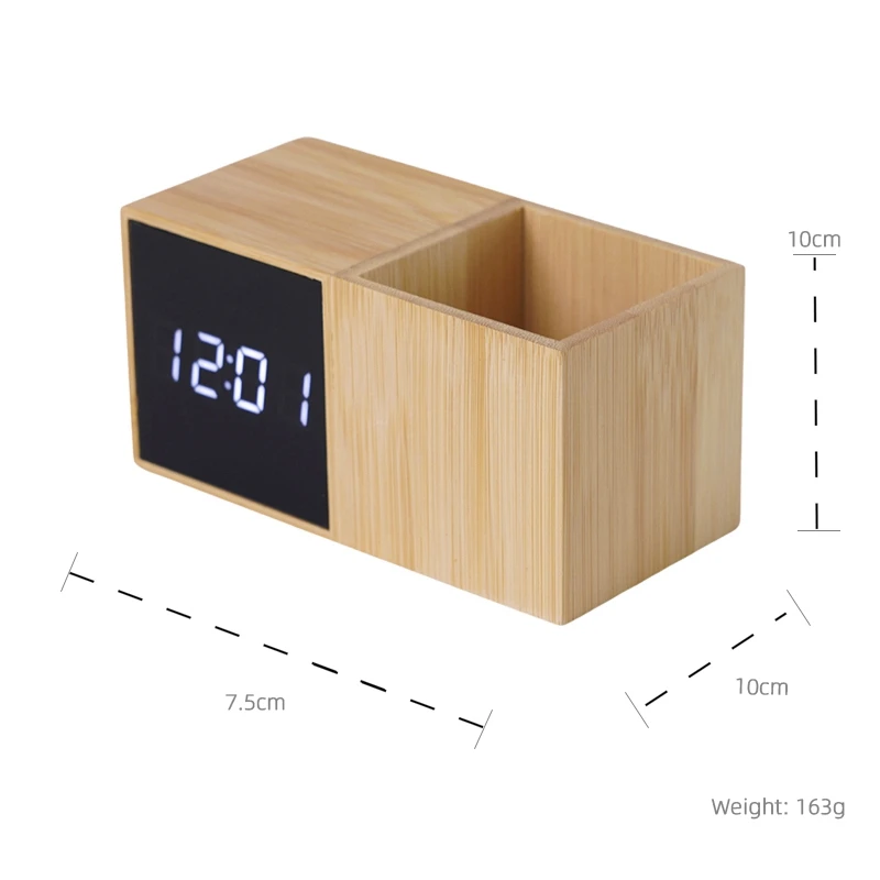 Promotional Wholesale Bamboo Casing Calendar Alarms Temperature LED Time Display Digital Alarm Clock With Organizer