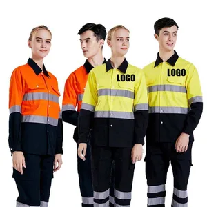 100% Cotton Breathable Fluorescent Anti-Uv Seamless Custom Logo Safety Sets for Hi Visibility Workwear Construction Mining