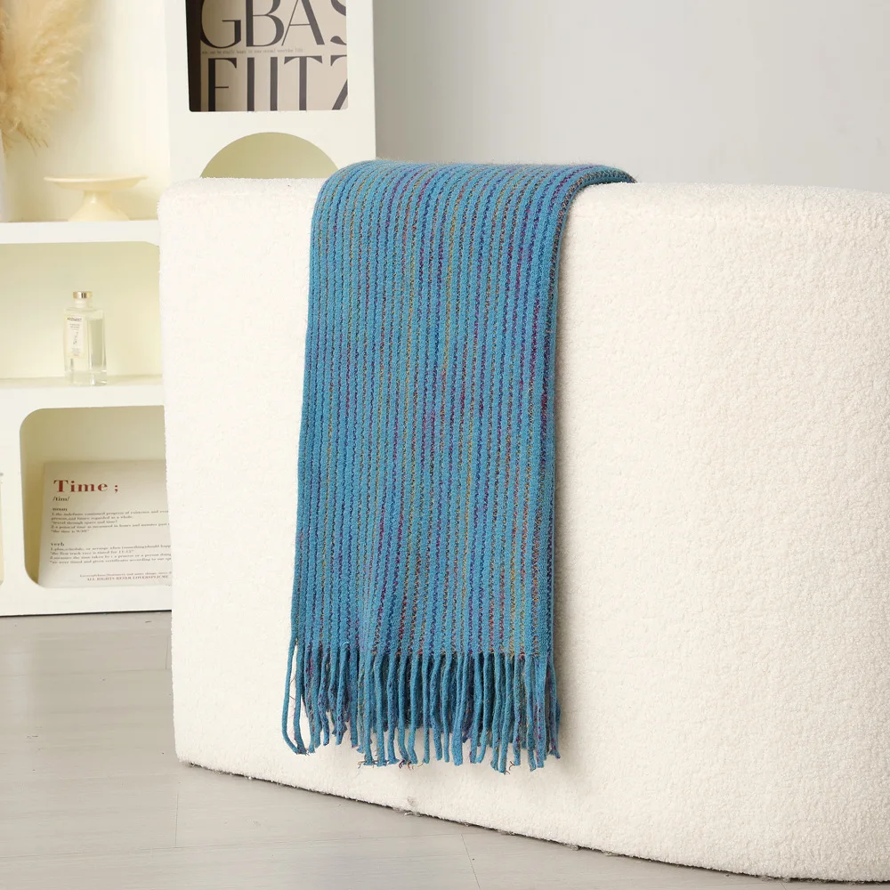 Modern Minimalist Striped Throw Blanket with Fringed End Fashionable Bed Runner and Matching Pillow for Hotel or Home Use