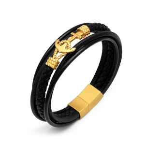 Yellow Gold Mens Leather Wristband Bracelet Black Braided Leather Bracelet Mens Jewelry Stainless Steel Bracelet