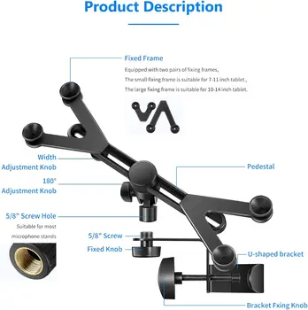 Neewer 7-14 Inches Adjustable Tablet Holder Mount with 360 Degree Swivel Clamp for Connecting with Microphone Stand, Compatible detail image