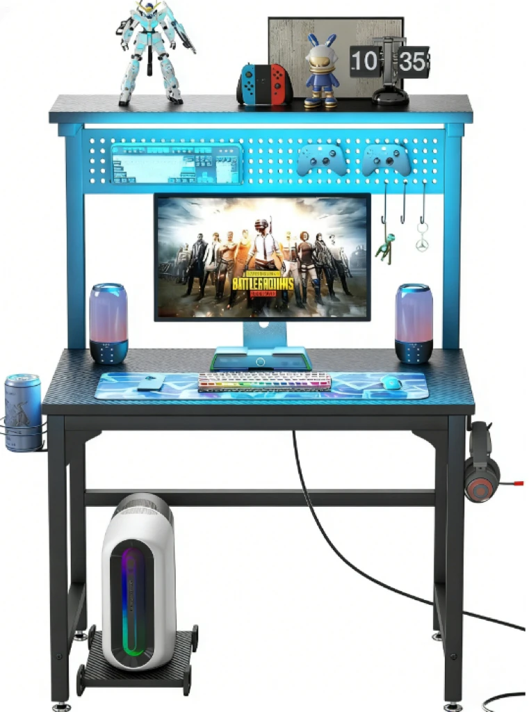 LED-Lit Gaming Desk with Pegboard Organizer & PC Stand aperçu 3