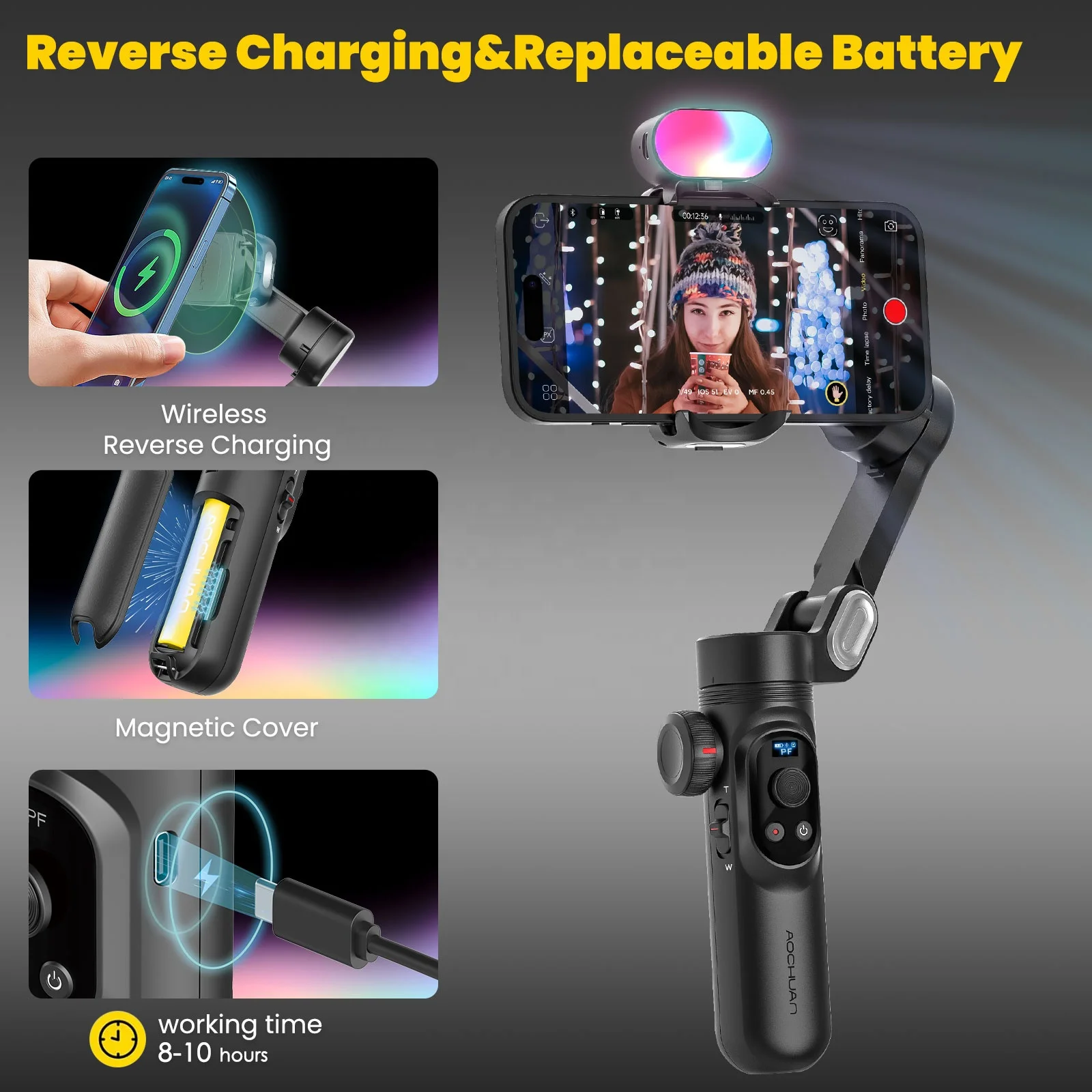 Gimbal Stabilizer Phone Handheld AI Gimble Smartphone Video Vlogging Inception Mode LED Light Focus Zoom Wheel Movie