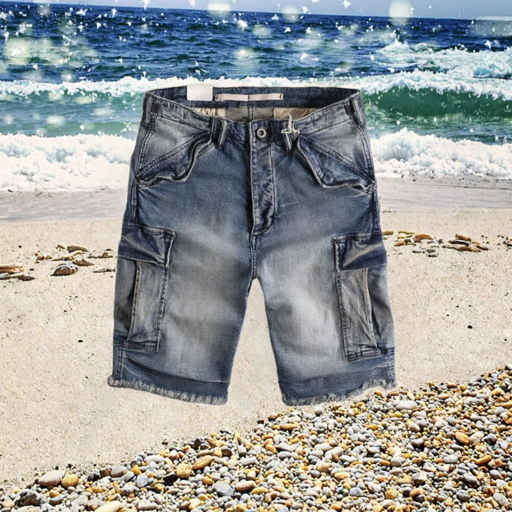 Summer New Men's Vintage Woven Mid Waist Boot Cut Stretch Quick Dry Denim Shorts Blue Black 100% Cotton OEM Serviced Customized