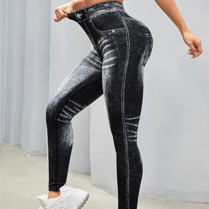 Women's High Waist Cross-Border Yoga Pants Denim Seamless Rear V Hip Fitness Sports Solid Elastic Waist Workout Plus Size