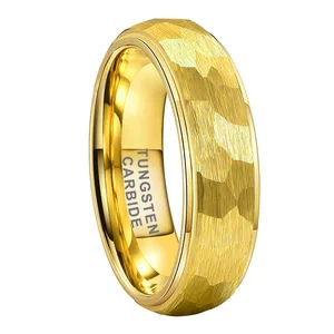 Coolstyle Jewelry 6mm Gold Hammered Tungsten Ring Men Women Fashion Engagement Wedding Band Stepped Edges Comfort Fit