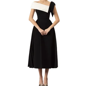 Custom High Quality Black and White Oblique Shoulder Irregular With Slim Waist  Women Midi Dress