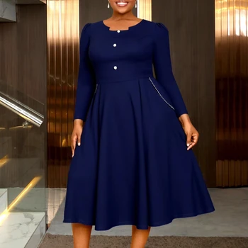 AM050522 Vintage Long Sleeve Buttons High Waist Navy Plus Size a Line Midi Formal Women Career Dresses