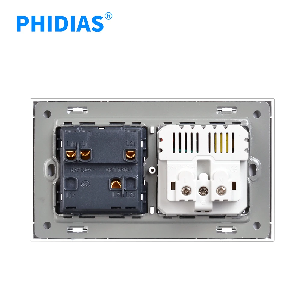 PHIDIAS EU Standard PC Material 2 Gang Push Button Light Control Wall Switch with Neon 16A Electric Power French Wall Socket