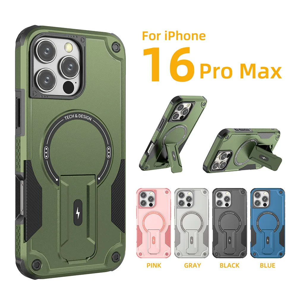 For iPhone 14 15 16 plus 2 en 1 Hard PC Shockproof TPU magnetic mobile phone bag&case with kickstand mobile cover
