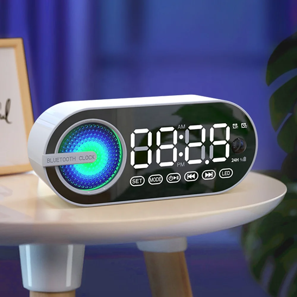 Mirror Desk Clock with BT Speaker Digital LED Colorful Light Desk Table FM Radio Alarm Clock Electronic Calendars 2023