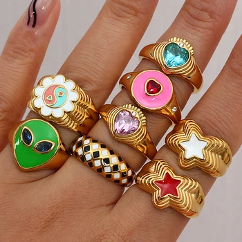 Water Resistant Stainless Steel 18K Gold Plated Women's Heart CZ Stone Flower Alien Yingyang Colorful Ring Y2K Jewelry