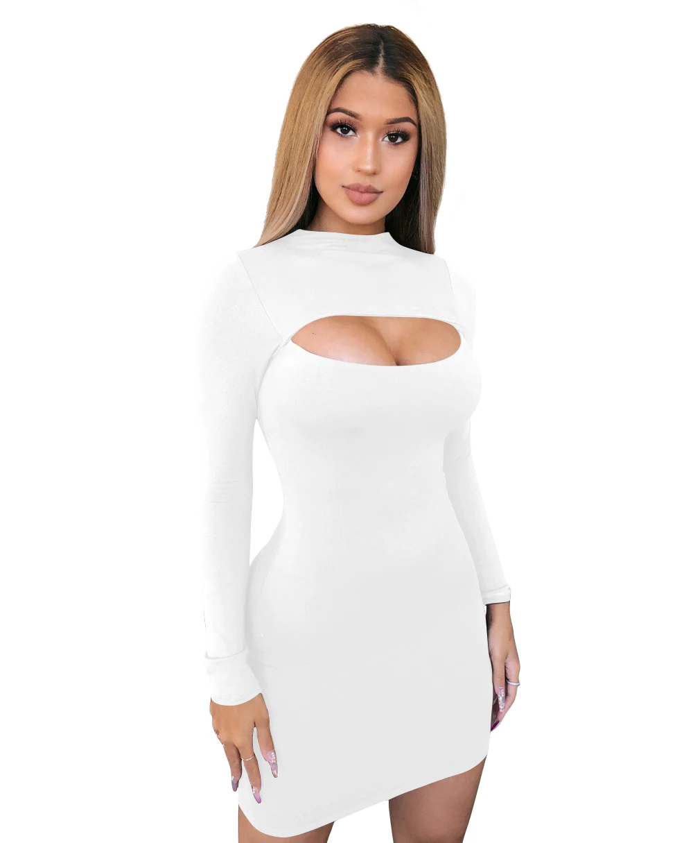 New Design Long Sleeve Front Cut Out Open Chest Bodycon Casual Mini Sexy  Party Club Dress for Women