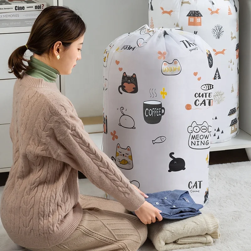 Cylindrical Beam Mouth Drawstring Cartoon Printing Cotton Quilt Household Clothing Finishing Waterproof Moving Storage Bag