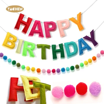 YACHEN Reusable Felt Ball Party Garland Pre-Strung Happy Birthday Banner for Rainbow Birthday Party Decoration Photo Prop