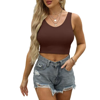 2024 New Arrival Summer Sexy V-neck Solid Color Slim Crop Top Exercise Tank Tops For Women