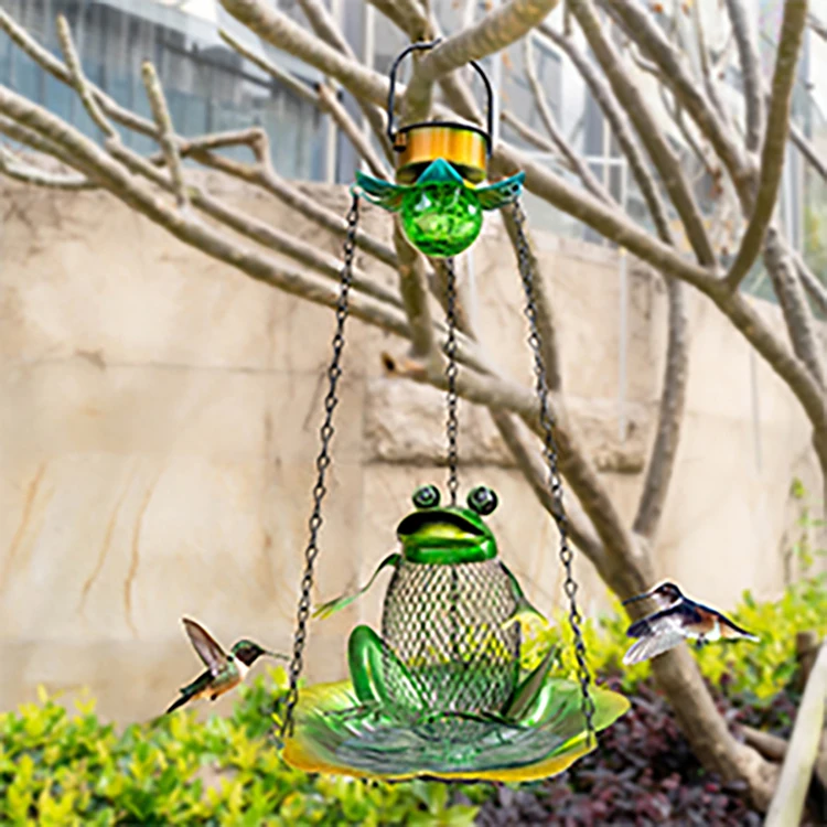 Wild Bird Solar Feeder Metal Frog Bird Feeder with Mesh with Chain Waterproof for  Outside Patio Yard 