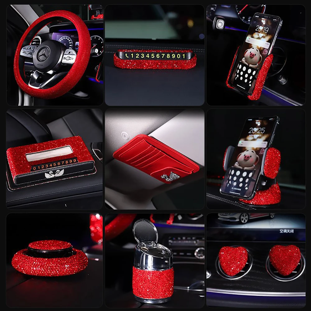 rhinestones red car interior accessories women