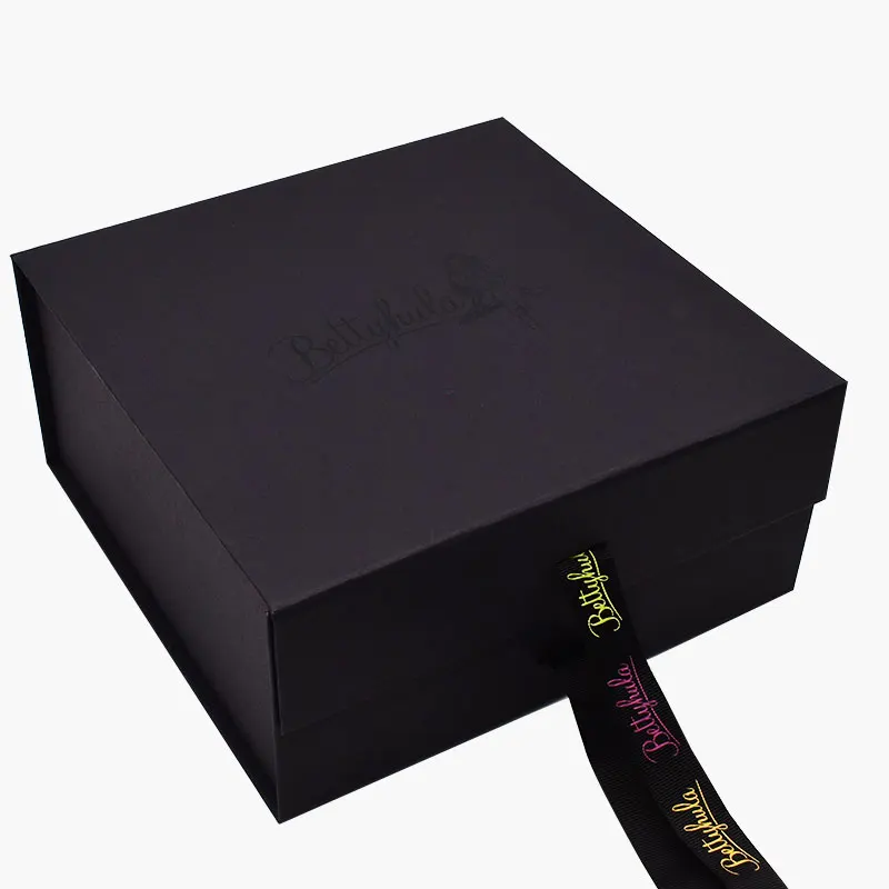 Recycled  Rigid Cardboard Paper Box Custom Logo Black Fold Luxury Magnetic Gift Boxes with Ribbon Closure supplier