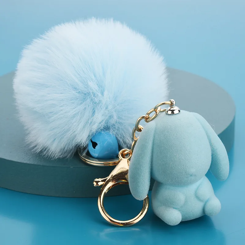 5.9" /15cm Soft Cute Rabbit Fur Pom Pom Keychain Fluffy Real