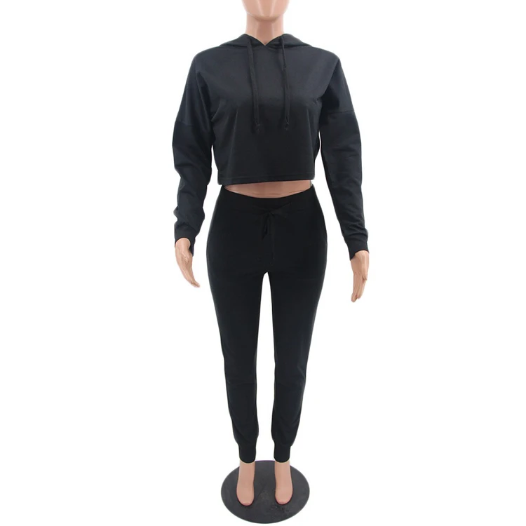 high quality fashion pullover cropped hoodie set solid color womens sweatshirt set