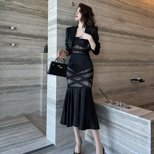 ZYHT 10206 Trendy Fashion 2026 Ladies Two Piece Set Black Women Clothing Crop Blazer Spaghetti Strap Knee Length Mermaid Dress