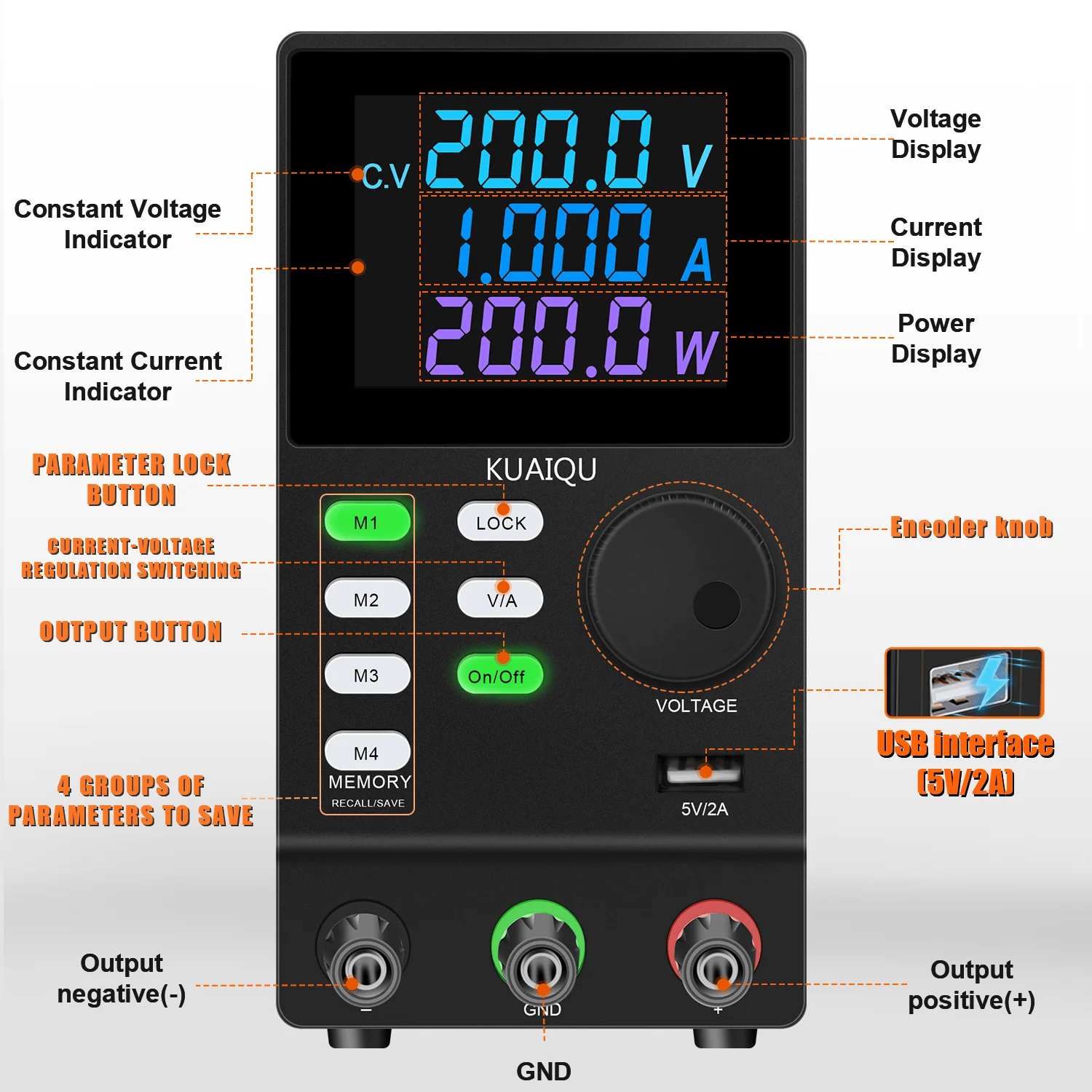 KUAIQUA SPPS2001D 200W 200V 1A Programmable with RS232 Adjustable Switching Power Supply Lab Regulator DC Power Supply